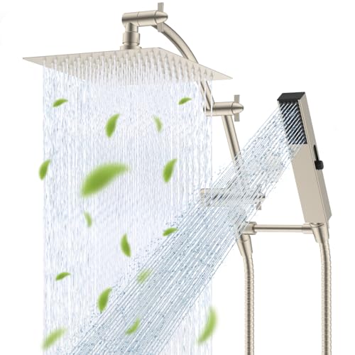 Hibbent All Metal CUPC Certified 8'' Rainfall Shower Head, Dual Shower Head Combo, High Pressure Handheld 4 Sprays Shower Wand, 16'' Adjustable Extension Arm, 71'' Hose, Shower Holder, Brushed Nickel - color: Brushed Nickel, style: Square 8''