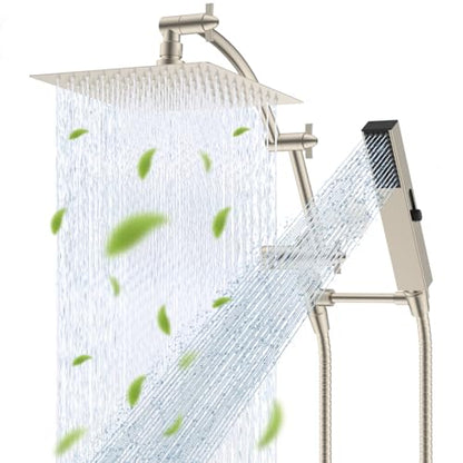 Hibbent All Metal CUPC Certified 8'' Rainfall Shower Head, Dual Shower Head Combo, High Pressure Handheld 4 Sprays Shower Wand, 16'' Adjustable Extension Arm, 71'' Hose, Shower Holder, Brushed Nickel - color: Brushed Nickel, style: Square 8''
