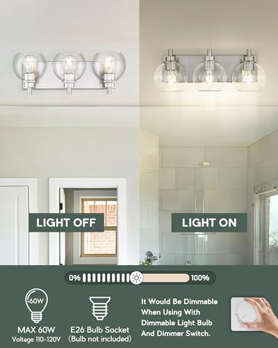 Bathroom Light Fixtures, 3-Light Brushed Nickel Vanity Light, Modern Wall Sconces with Globe Clear Glass Shade, Vanity Lighting Fixtures Over Mirror, VL195-BN-CL-3 | 18" modern bathroom light fixtures over mirror, E26 base, bulbs not included, VL195-BN-CL