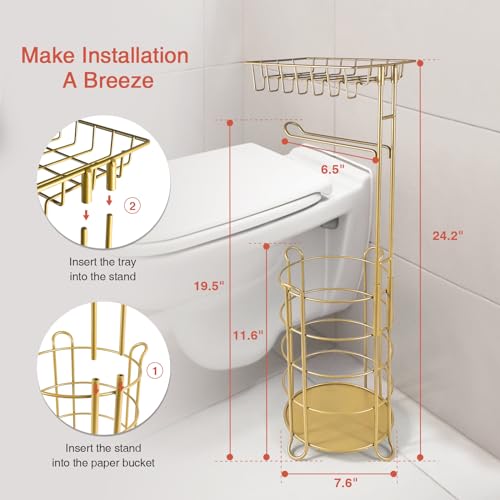 Goozii Gold Free Standing Toilet Paper Holder Stand with Phone Shelf, Floor Bathroom Tissue Holder for Large Mega Rolls, Metal Freestanding Toilet Paper Roll Holder with Wipes Storage Tray - color: Gold