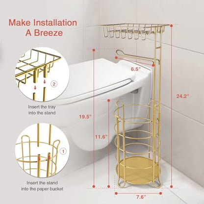 Goozii Gold Free Standing Toilet Paper Holder Stand with Phone Shelf, Floor Bathroom Tissue Holder for Large Mega Rolls, Metal Freestanding Toilet Paper Roll Holder with Wipes Storage Tray - color: Gold