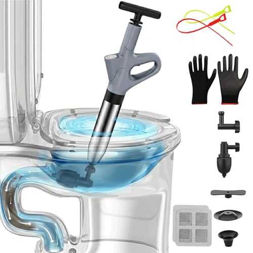 Toilet Plunger, High Pressure Toilet Plunger with Gloves,2 Hair Snake,2 Hair Filters, Toilet Auger Air Drain Blaster with Real-Time, Heavy Duty Plunger for Bathroom and Kitchen Plumbing Clogs