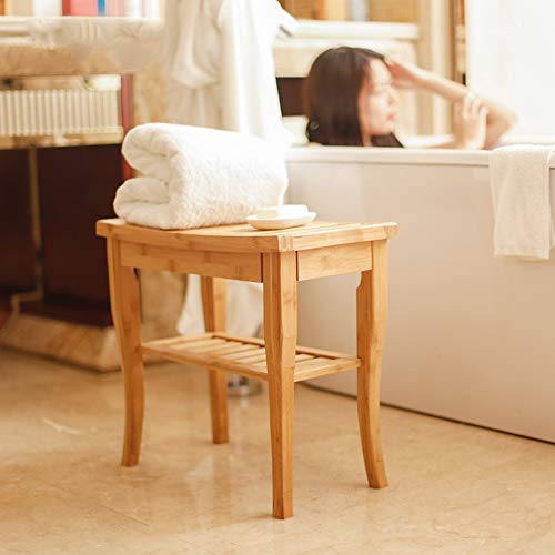 DlandHome Bamboo Bathroom Spa Shower Bench Foot Stool Bathing Seat with Storage Shelf,Yellow