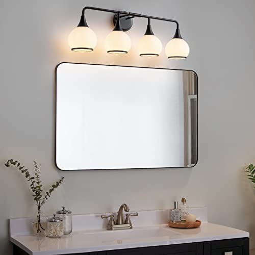 Black Bathroom Light Fixtures 4-Lights Vanity Lights with Milky White Frosted Glass Shade Bathroom Vanity Light 30.7 inch Wall Sconce Lighting Bath(Exclude E26 Bulb) - color: Black, size: 4 Light