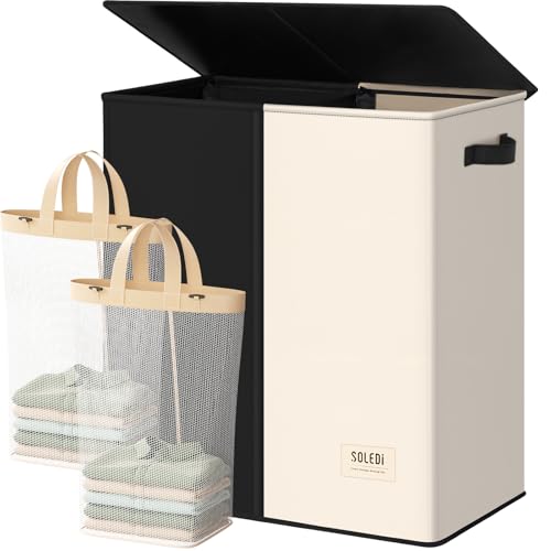SOLEDI Large Double Laundry Hamper with Lid, Collapsible Clothes Hamper 2 section with Removable Bags, Space-Saving Laundry Basket for Bedroom, Dorm, College - color: Black/Beige, size: 145l
