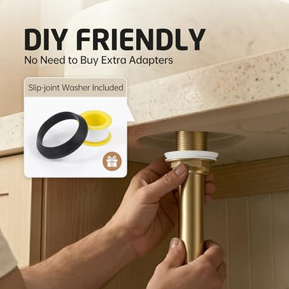 KES Brushed Gold Bathroom Pop Up Drain with Extended Thread, No Overflow | All-Metal Brass & Stainless Steel, Fits 1.6-1.9 In Sink Hole, Up To 3.94 In Thick Countertops, Easy Install - color: Brushed Gold, style: NO Overflow, Long Thread