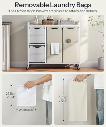 HOOBRO Laundry Sorter with 4 Section, 34 Gal. (127 L) Laundry Hamper with Wheels, Rolling Laundry Basket with Shelves, Pull-Out Detachable Bags, Side Pockets, White, Natural and Beige WNE14XY01N1 - color: White + Natural + Beige