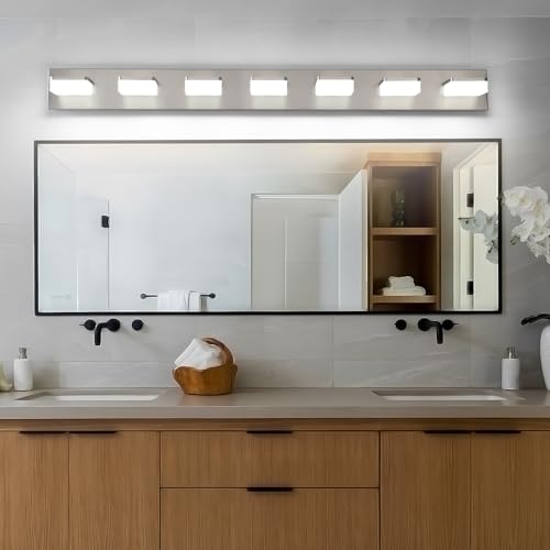 7-Light Bathroom Vanity Light Fixture Over Mirror, Nickel LED Vanity Lighting Fixtures, 45.67 inch Modern Bathroom Wall Light Fixtures with Rotating Lamp Head - size: 7-Light,46Inch
