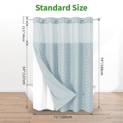 eachope No Hook Boho Farmhouse Shower Curtain with Snap-in Fabric Liner set-71Wx74H(72H),Tufted Chevron Striped Hotel Grade Cloth Shower Curtains for Bathroom with Window,Water Repellent,Fog Blue - color: Fog Blue, size: 71"W x 74"L (Pack of 1)