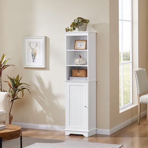 Yaheetech Tall Narrow Bathroom Storage Cabinet with Door and Shelves, White | Linen Closet for Towels, Toiletries and Laundry, Open Display Shelves, Hidden Adjustable Shelf, MDF, 60''H x 16''W x 12''D - style: 1 Door + 3 Open Compartments