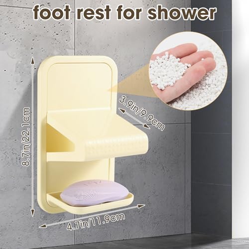 Shower Foot Rest for Shaving Legs, No Drill Strong Adhesive (Milky White) | The shower foot rest features a drainable soap storage box and is made of thickened plastic, ensuring durability and safety. - color: Milky White