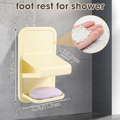Shower Foot Rest for Shaving Legs, No Drill Strong Adhesive (Milky White) | The shower foot rest features a drainable soap storage box and is made of thickened plastic, ensuring durability and safety. - color: Milky White