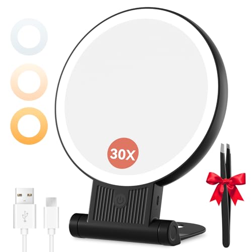 Auxmir Rechargeable 1X/30X Magnifying Makeup Mirror with Light, Black | double-sided button, adjustable 3 color lights, foldable design, desk mirror for travel women， 2000mAh battery， twezzers - color: Black