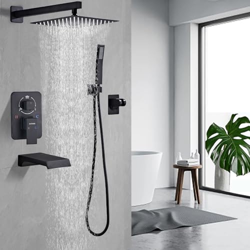 Shower Faucet Set Complete, Shower System Black with 12 inch Square Rainfall Shower Head 3-Function Handheld Shower Waterfall Bathtub Spout Rain Shower Combo Bathroom Wall Mounted fit All Valve Types - style: 12inch-with tub spout