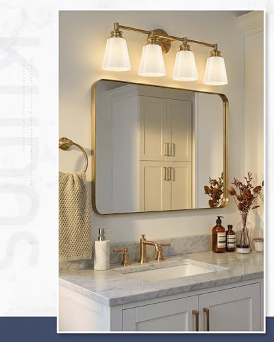 kudos 4-Light Brushed Gold Vanity Light, Milk White Glass Shade | 19" bathroom light fixtures over mirror, upward or downward, E26 base, bulbs not included, Hardwired, KDVL17-GD-ML-4 - size: 4-Light