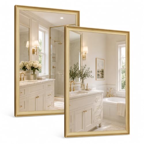 2 Pack Brushed Gold Bathroom Mirrors for Over Sink, 24x36 Inch | Champagne Gold Rectangle Vanity Mirror for Bedroom, Entryway, Living Room Decor, Aluminum Framed, Curved Wide Edge - color: Brushed Gold, size: 24"Lx36"W-2pcs