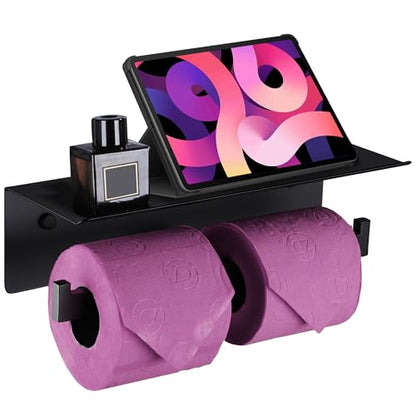LANC Double Toilet Paper Holder with Shelf, Matte Black Commercial Toilet Tissue Roll Dispenser with Phone Shelf Stainless Steel for Bathroom, Kitchen, Apartments Wall Mounted, A8877MB - color: Matte Black, size: Full