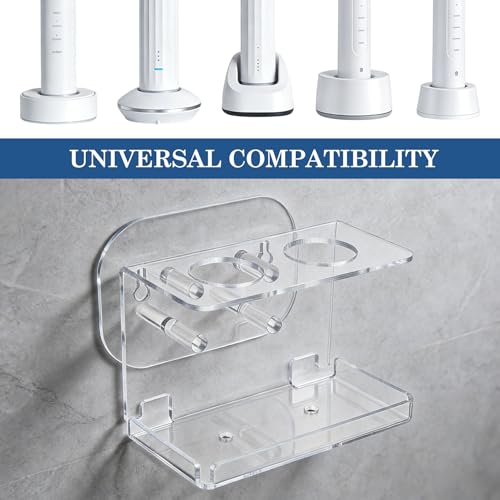 Electric Toothbrush Holder Wall Mounted,Acrylic Tooth Brush Holder for Bathroom, Electric Toothbrush Organizer with Cable Organizer for Shower,Clear