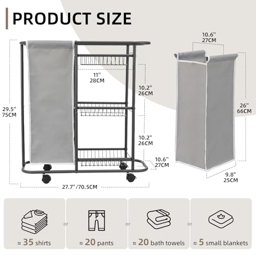 Rolling Laundry Sorter with 3 Storage Baskets and 45 L Bag, 3-Tier Laundry Caddy Between Washer and Dryer,Laundry Room Organization with Wheels and Handle for Narrow Space Bathroom Apartment Dorm | 3-Tier Laundry Caddy, Between Washer and Dryer, With Whee