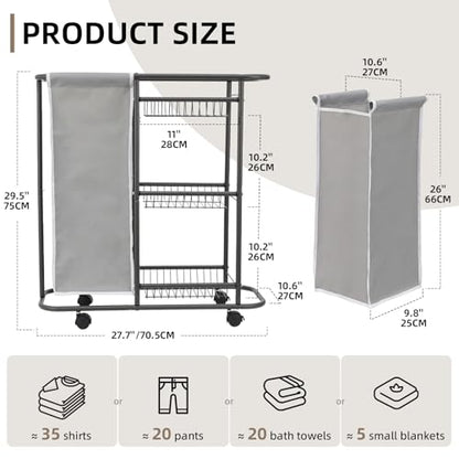 Rolling Laundry Sorter with 3 Storage Baskets and 45 L Bag, 3-Tier Laundry Caddy Between Washer and Dryer,Laundry Room Organization with Wheels and Handle for Narrow Space Bathroom Apartment Dorm | 3-Tier Laundry Caddy, Between Washer and Dryer, With Whee