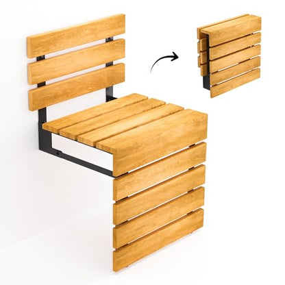 Folding Wall Mounted Teak Wood Shower Seat with Backrest, Water Resistant Foldable Bathroom Stool with Legs, Premium Materials Handmade Shoe Changing Bench, Space Saving and Super Safe Chair (Natural) - color: Natural