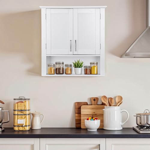 JupiterForce Bathroom Wall Cabinet Over The Toilet with 2 Doors and 3 Adjustable Shelves, Wall Mounted Bathroom Storage Medicine Cabinet for Bathroom, Living Room, Kitchen, White