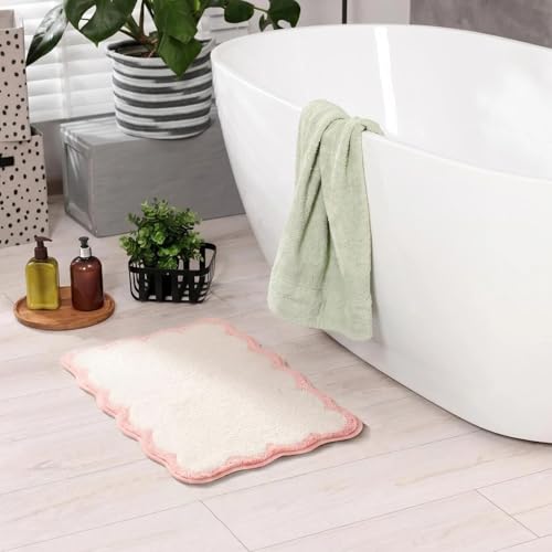Pink Bathroom Rugs Small Cute Scalloped Bath Mat | Non Slip Washable Quick Dry Absorbent Chic Girls Microfiber Bathmat for College Dorm,17*24 Inch - color: Pink&white, size: 17*24"