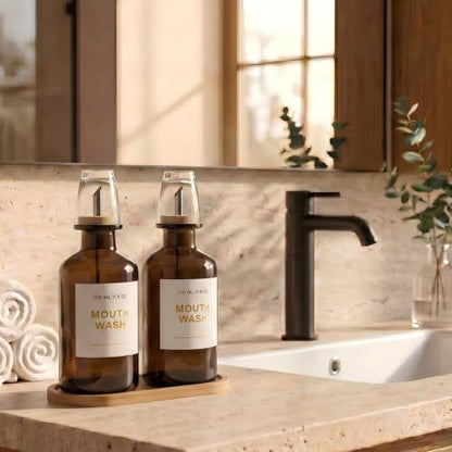 11.8OZ Glass Mouthwash Dispenser, Set of 2, Amber | Stainless Steel & Bamboo Nozzle, Mouthwash Cup Reusable, Bamboo Tray, Elegant Gold Sticker - color: Amber/350*2