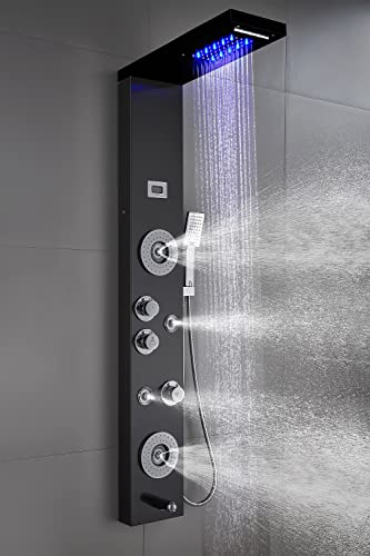 ELLO&ALLO Stainless Steel Shower Panel Tower LED Head Shower Faucet Rain Massage System with Body Jets, Black