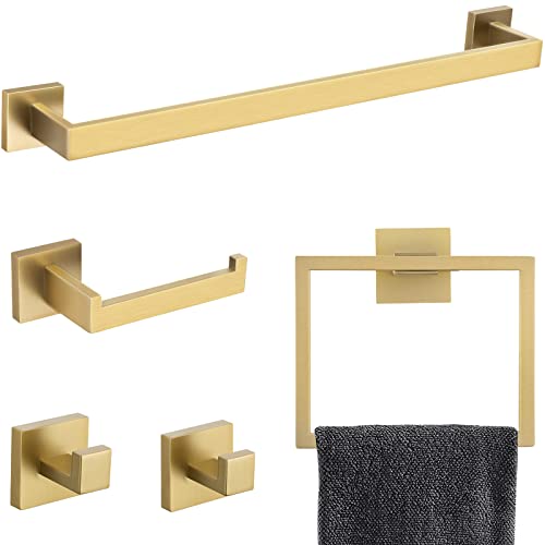 Brushed Gold Towel Bar Set Bathroom Hardware Set, 5 Pieces Gold Bathroom Accessories Set Stainless Steel Wall Mounted Towel Holder for Bathroom 23.6in - color: Brushed Gold