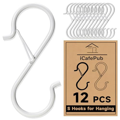 12 PCS S Hooks for Hanging with Safety Buckle, Heavy Duty Metal S Hooks | 3.5 inch S Shaped Hanger Hooks for Hanging Kitchen Utensil, Cups Pots Pan Closet Plants Purse Bags Hats (White) - color: White
