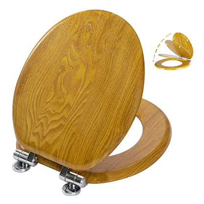 Angel Shield Toilet Seat Round Wood Veneer Quiet Close(Oak) | Quick Release Metal Hinges, Adjustable Fit for Standard Round Toilets, Easy to Install&Clean - color: Oak, size: Round