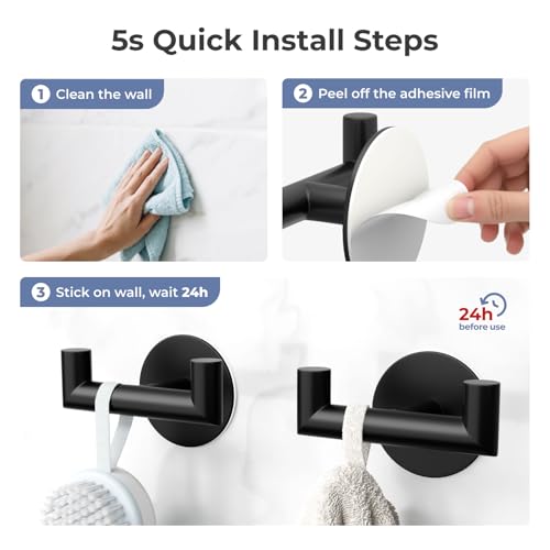 GWAAZXGZ 2 Pack Black Bathroom Hooks for Towels, Robes, Coats, Shower Use | Self-Adhesive, Stainless Steel, Rust Resistant, Double hooks, Easy Install, Space Saving - color: Black