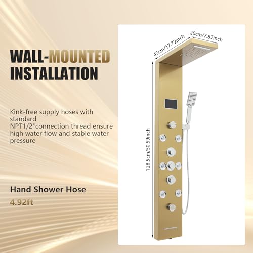 6-in-1 LED Shower Panel Tower System with 8 Adjustable Body Jets, Rainfall & Waterfall Shower, Smart Temperature Display, 59" Hose, Brushed Gold Stainless Steel, Wall Mounted - color: Gold
