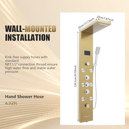6-in-1 LED Shower Panel Tower System with 8 Adjustable Body Jets, Rainfall & Waterfall Shower, Smart Temperature Display, 59" Hose, Brushed Gold Stainless Steel, Wall Mounted - color: Gold