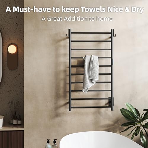 P&Dlusir EL13 Heated Towel Rack, Matte Black, 10 Bar | Fast Heat in 2 Min, Smart Timer, Thermo Control, Memory Functoion, Stainless Steel, Hard-Wired/Plug-in - color: Matte Black, size: 21.65"W x 39.37"H