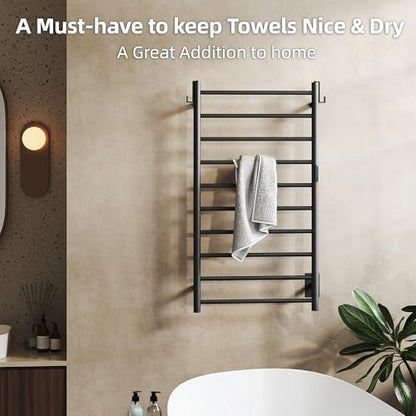 P&Dlusir EL13 Heated Towel Rack, Matte Black, 10 Bar | Fast Heat in 2 Min, Smart Timer, Thermo Control, Memory Functoion, Stainless Steel, Hard-Wired/Plug-in - color: Matte Black, size: 21.65"W x 39.37"H