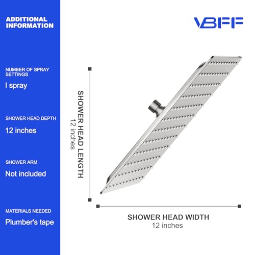 VBFF-Shower Head,rain shower head, 12 inch- Square Shower Head, 1.8 GPM Flow Rate, rainfall showerhead,VBFF09 (Brushed Nickel) - color: Brushed Nickel, size: 12 Inch