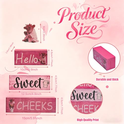 Pink Highland Cow Bathroom Decor 4 Pcs Farmhouse Decor and Accessories Western Hello Sweet Cheeks Table Centerpiece for Home Office