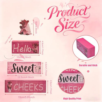 Pink Highland Cow Bathroom Decor 4 Pcs Farmhouse Decor and Accessories Western Hello Sweet Cheeks Table Centerpiece for Home Office