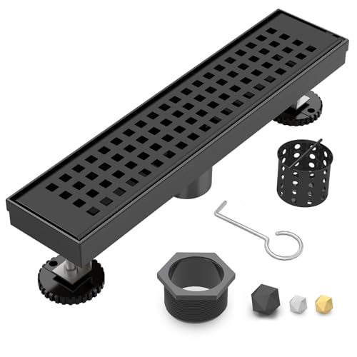 12 Inch Linear Shower Drain - Matte Black, with Removable Grate | AISI 304 Stainless Steel Shower Drain, Long Rectangle Shower Floor Drain with Adjustable Feet, Fits Bathroom & Balcony etc - color: Matte Black, size: 12 in