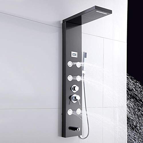 Black Shower Panel System Digital Display Shower Panel Tower Multifunction Stainless Steel Shower System with Rain Shower Head, Handheld Sprayer, Massage Body Jets, Tub Spout