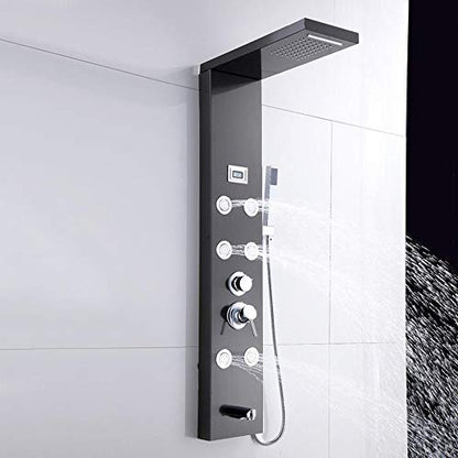 Black Shower Panel System Digital Display Shower Panel Tower Multifunction Stainless Steel Shower System with Rain Shower Head, Handheld Sprayer, Massage Body Jets, Tub Spout