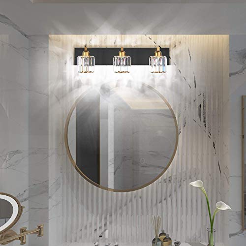 Aipsun Crystal Vanity Light Black Bathroom Vanity Lighting Fixtures 3 Lights Modern Vanity Light for Bathroom (Exclude Bulb) - color: Black Gold (Round), size: 23 inch