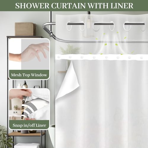 Sage Green Hookless Shower Curtain with Snap in Liner, Boho Mid Century Black and Light Green No Hook Double Layer Shower Curtains and Liner Set, Waterproof Cloth Fabric, 71" W X 74" L - color: Green, size: 71"W x 74"L (Pack of 1)