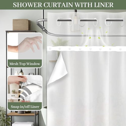Sage Green Hookless Shower Curtain with Snap in Liner, Boho Mid Century Black and Light Green No Hook Double Layer Shower Curtains and Liner Set, Waterproof Cloth Fabric, 71" W X 74" L - color: Green, size: 71"W x 74"L (Pack of 1)