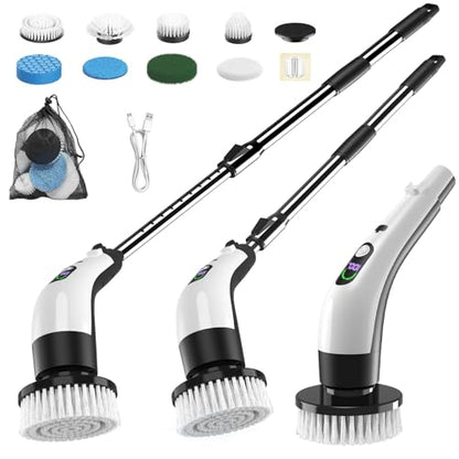 Electric Spin Scrubber with Power LCD Display, Cordless Bathroom Cleaning Brush with Adjustable Extension Handle, 400RPM/Mins, 9 Replaceable Brush Heads, IPX7 Waterproof for Shower, Bathtub, Tile - style: Long Handle