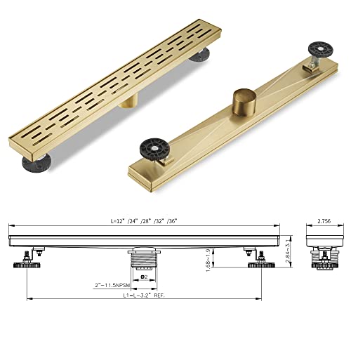 Linear Shower Drain, Brushed Gold Shower Drain 28 Inch with Removable Grate, SUS-304 Stainless Steel Rectangle Floor Drain with Leveling Feet and Hair Strainer, Bathroom Modern Drain SD-101 - color: Brushed Gold, size: 28 Inch