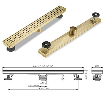 Linear Shower Drain, Brushed Gold Shower Drain 28 Inch with Removable Grate, SUS-304 Stainless Steel Rectangle Floor Drain with Leveling Feet and Hair Strainer, Bathroom Modern Drain SD-101 - color: Brushed Gold, size: 28 Inch