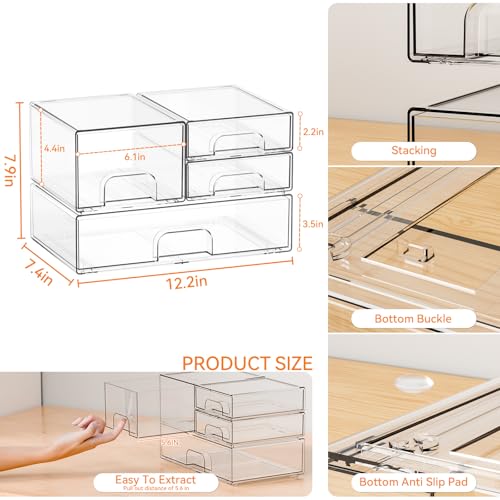 4 Pack Clear Stackable Storage Drawers,Acrylic Drawer Organizer for Medicine,Palettes,Hair Accessories and Makeup Organizer,Plastic Drawers for Cabinet,Office,Desk,Bathroom Storage Containers - style: 4 PACK